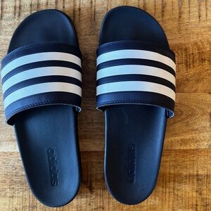 adidas navy blue Slides with White Stripes